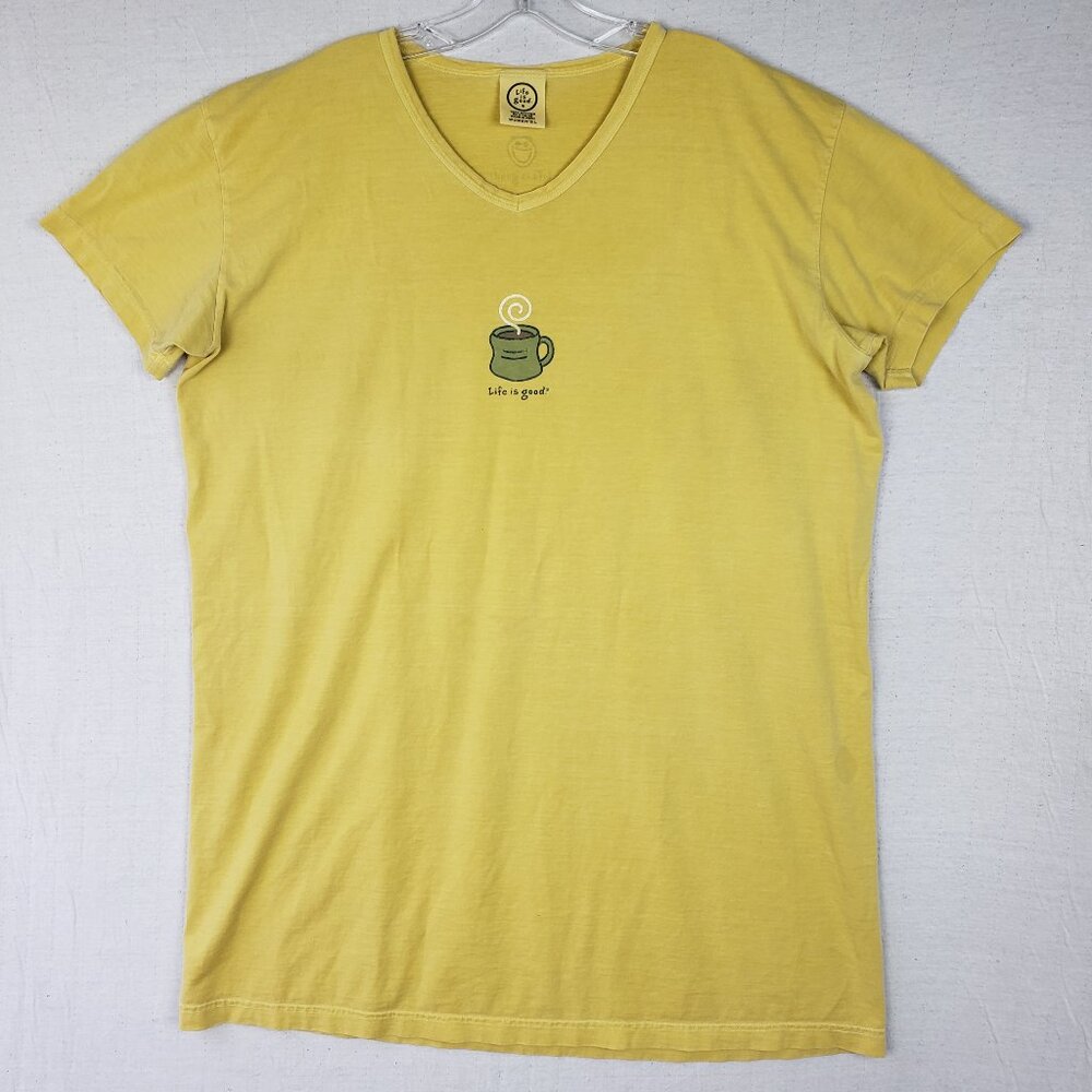 Life Is Good Long Tee Shirt Tunic Coffee Yellow 100% Cotton Peru size L Women's